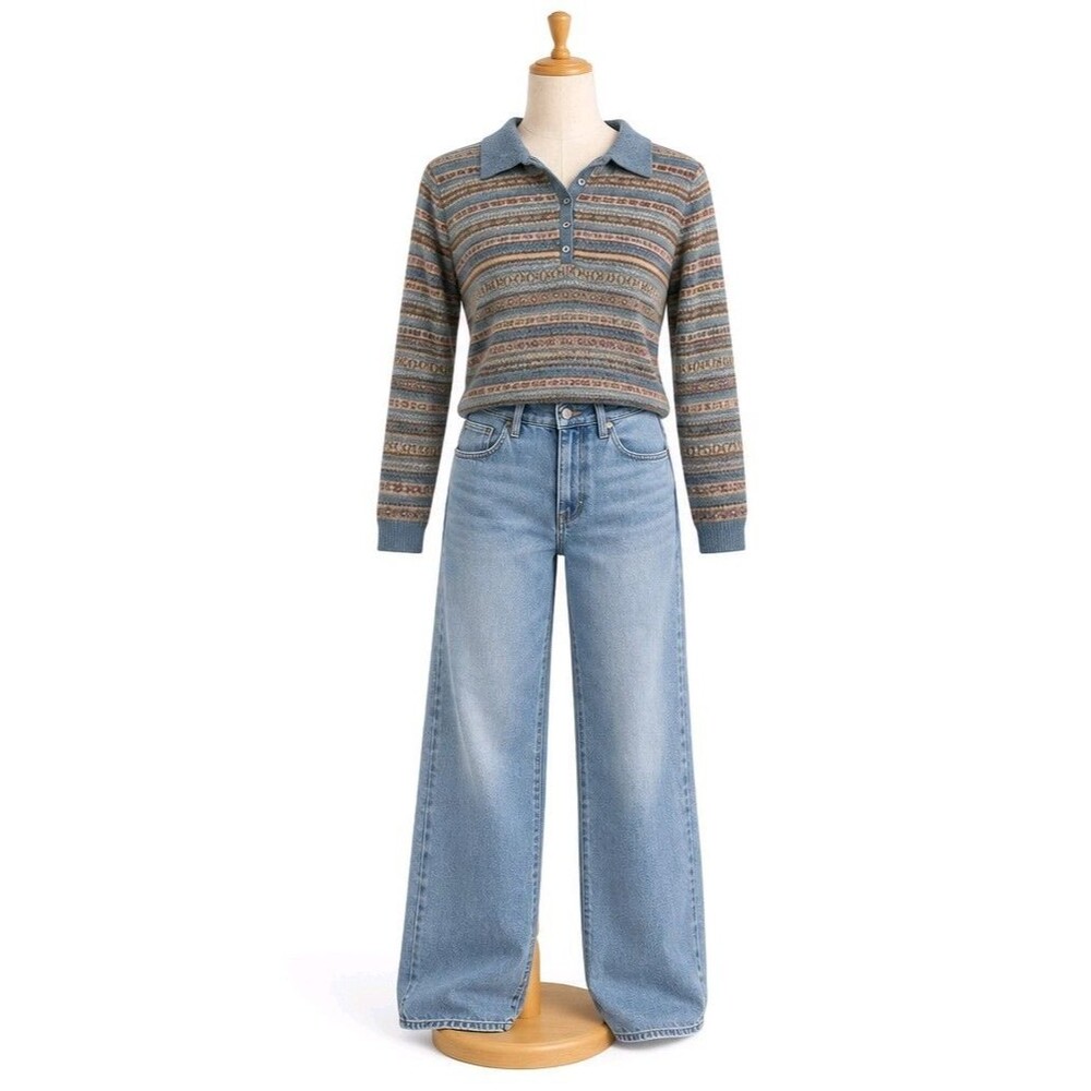 Lauren Ralph Lauren Fair Isle 100% Lambswool Sweater Womens M Blue Striped Polo
